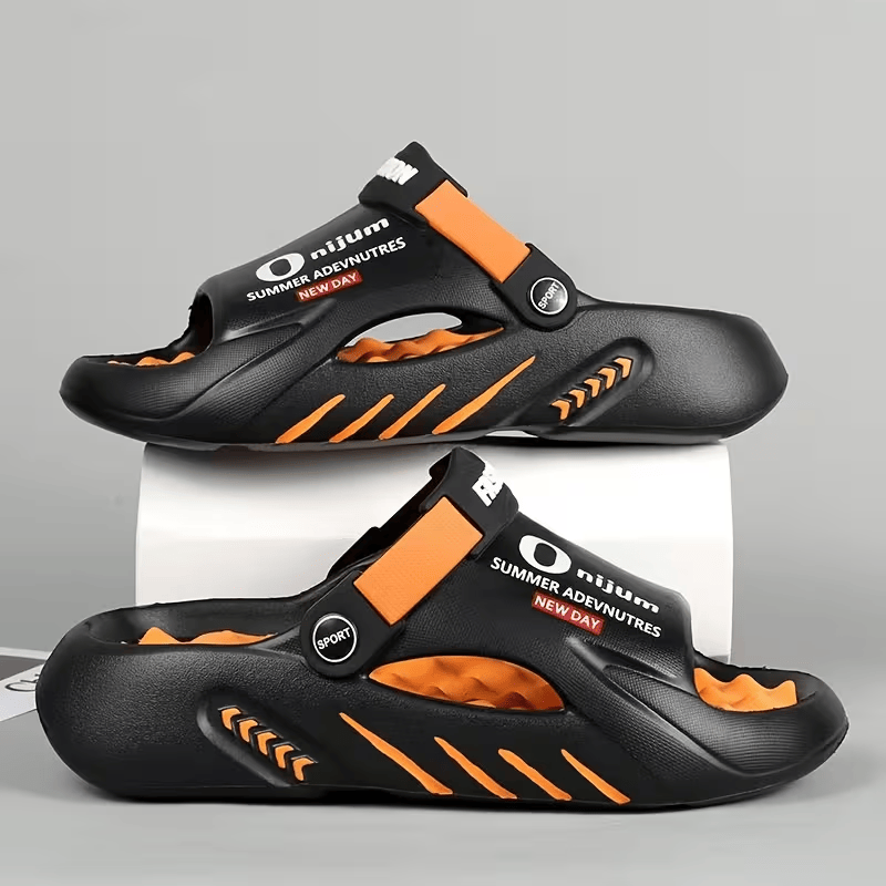 Men’s EVA clog sandals, black with orange accents, breathable hole design and adjustable strap