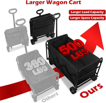 Black wagon cart with open tray and foldable frame for heavier loads