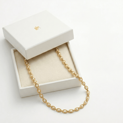 Gold-tone seed pearl necklace with continuous round pearl beads on linked chain