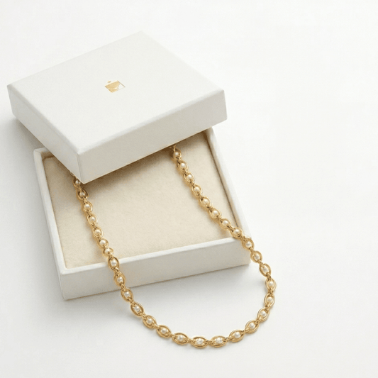 Gold-tone seed pearl necklace with continuous round pearl beads on linked chain