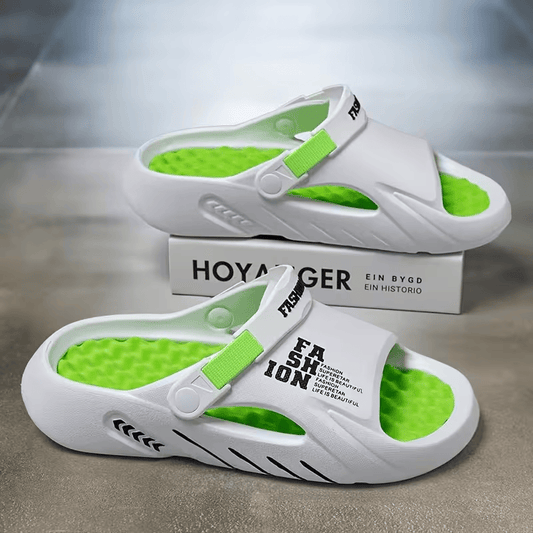 White EVA clog sandals with neon green adjustable strap and vented slide design