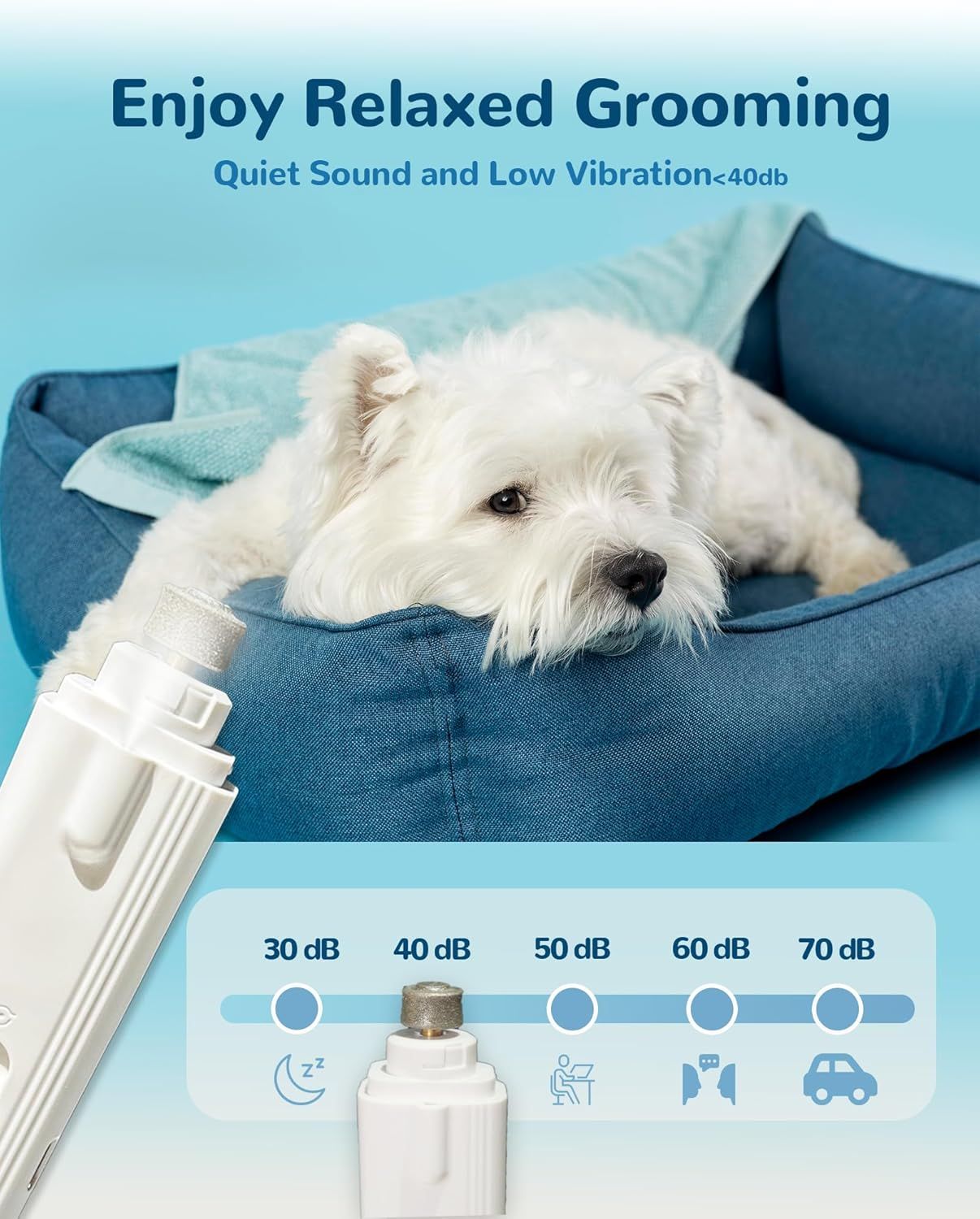 White quiet pet nail grinder with low vibration sound rating and LED light feature.