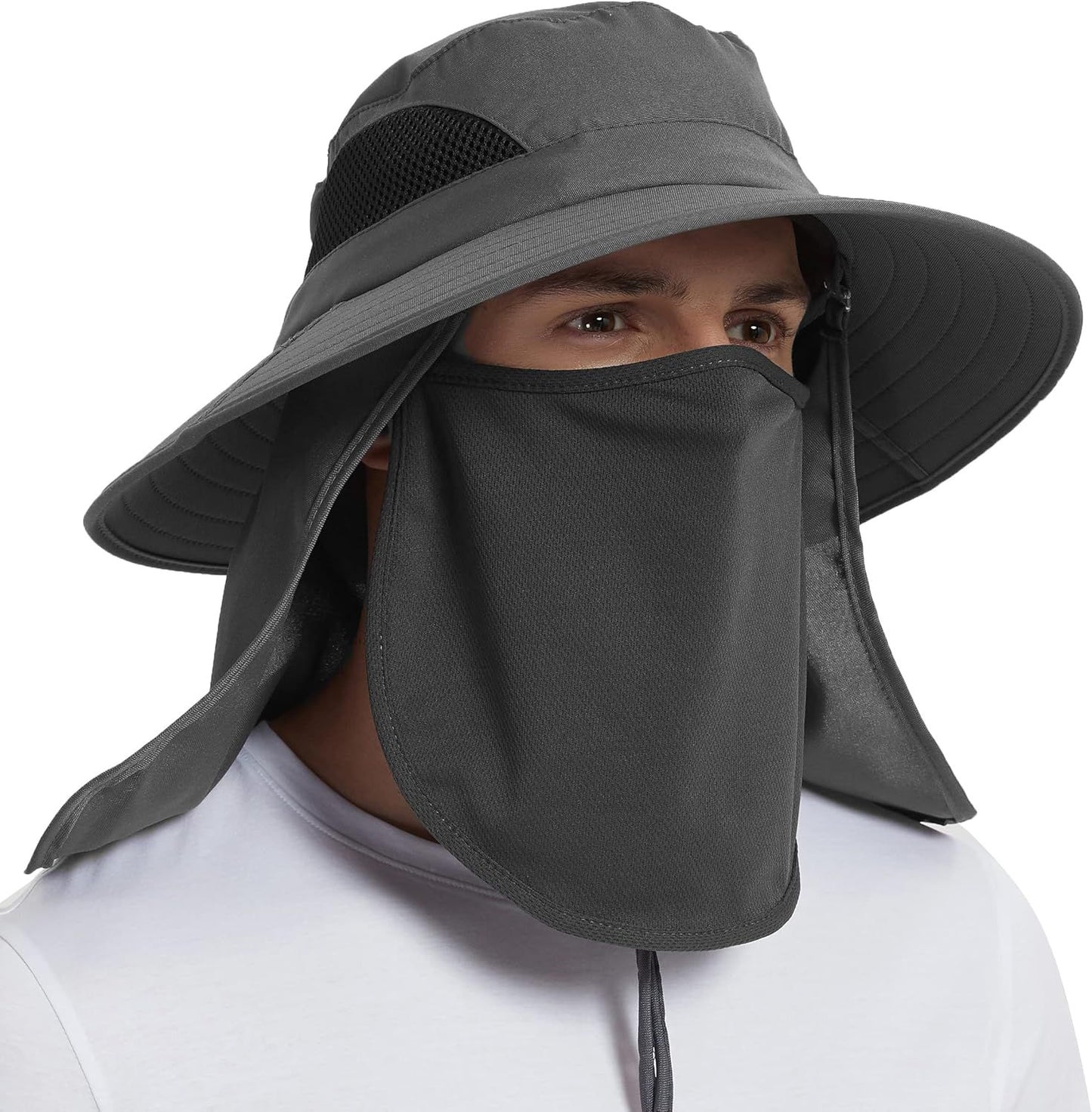 Dark grey wide-brim sun hat with adjustable chin strap and face shield