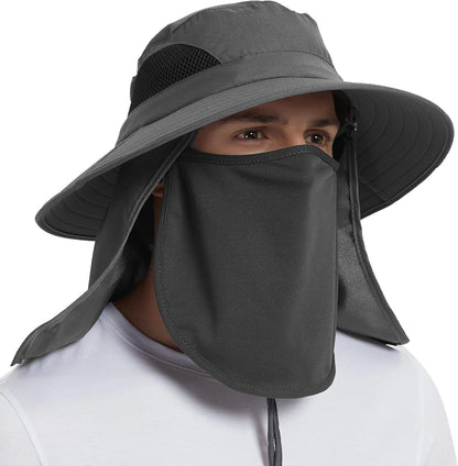 Dark grey wide-brim sun hat with adjustable chin strap and face shield