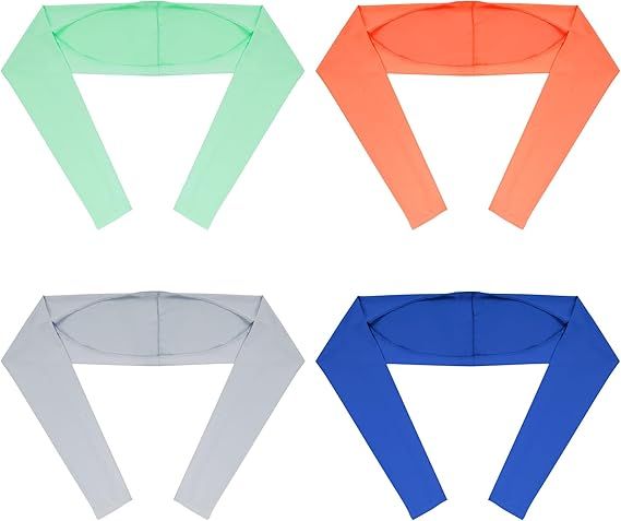 Cooling shawls in mint green, orange, light gray, and blue with long sleeves and curved shape