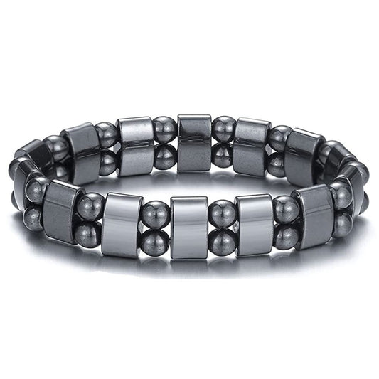 Black magnetic hematite bead bracelet with metal cylinder links, adjustable fit