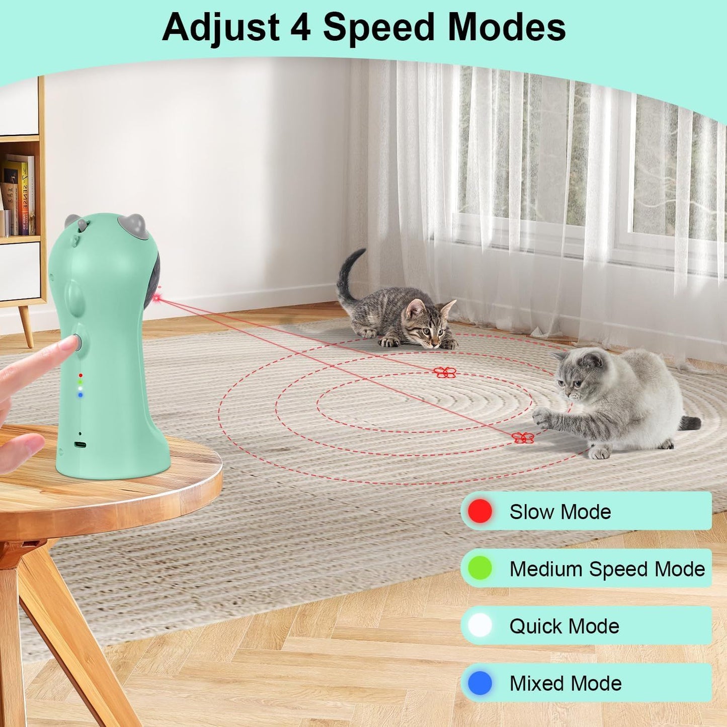 Teal green cat laser toy projecting red circular laser rings from a rotating dome head