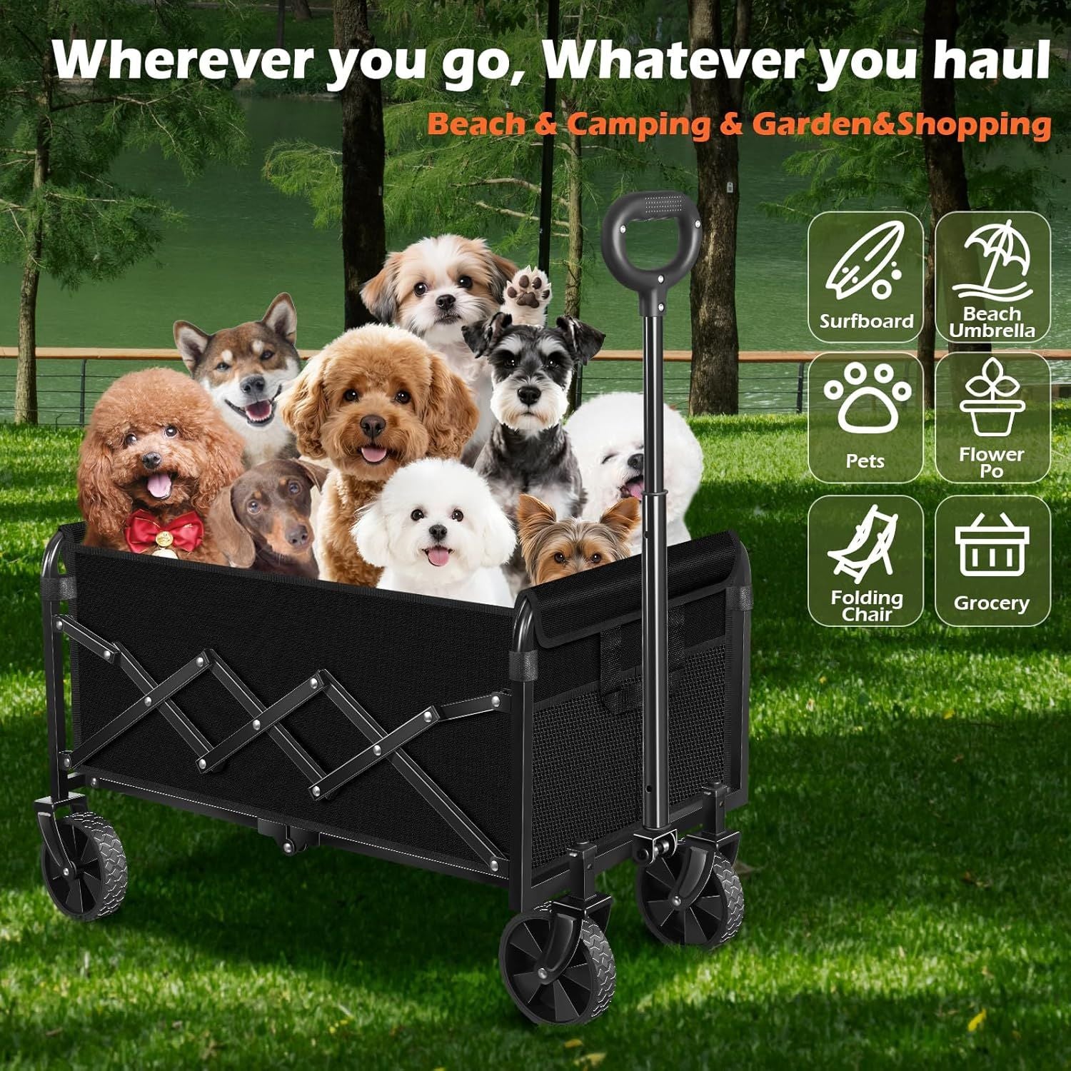 Black foldable wagon cart with multiple pets and raised handle frame