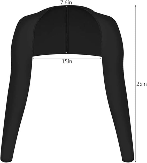 Black cooling sun protection shawl with long sleeves; size diagram with 7.6 in and 25 in