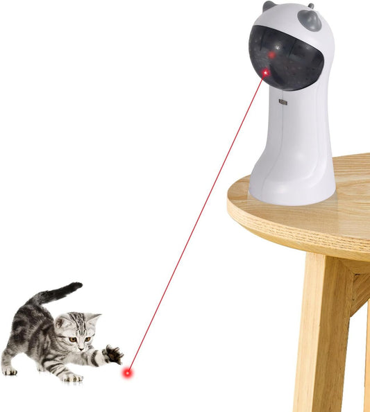 White automatic laser cat toy with red light dot and sweeping beam on wooden perch